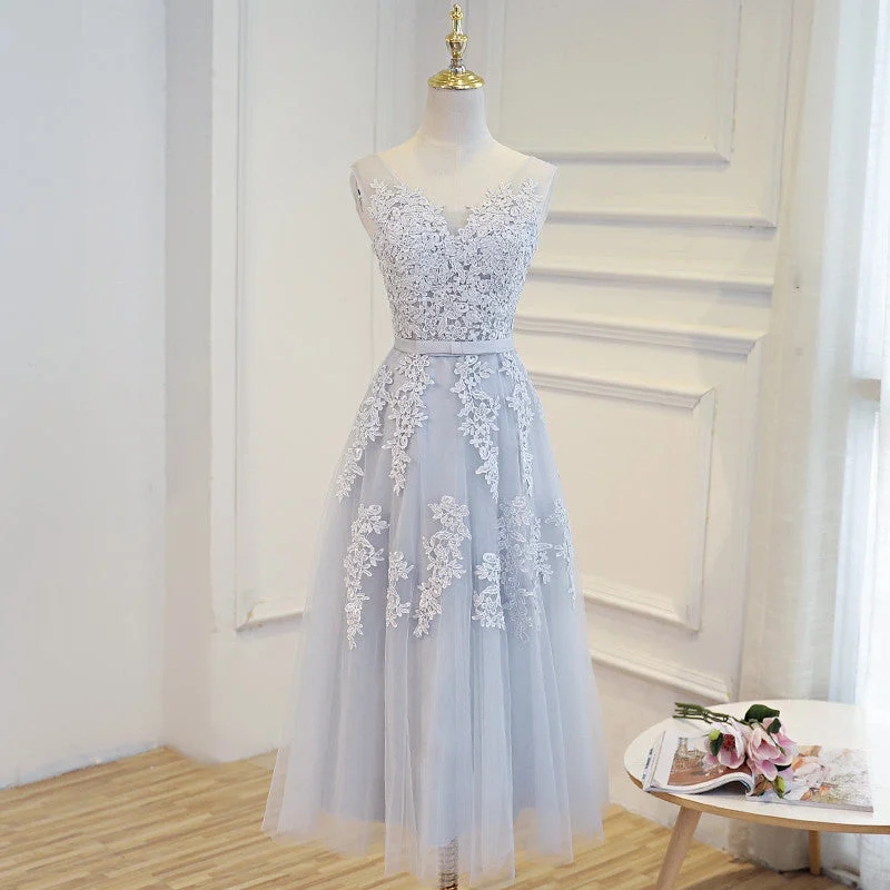 Elegant Lace Appliques Tea Length Bridesmaid Party Dresses Tunics Velvet soft