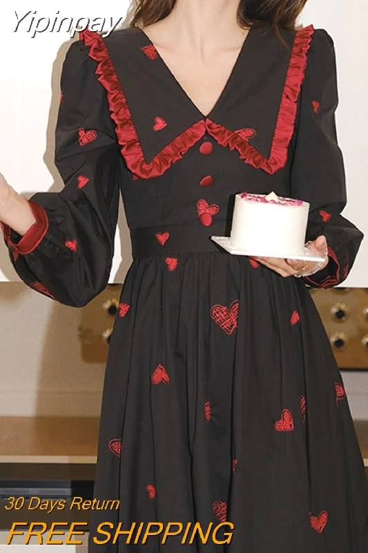 Yipinpay Black Heart Long Dress Elegant Puff Sleeve Christmas Party Dress Female Winter Korean One Piece Gothic Y2K Dress 2023 Tunics Floral girly