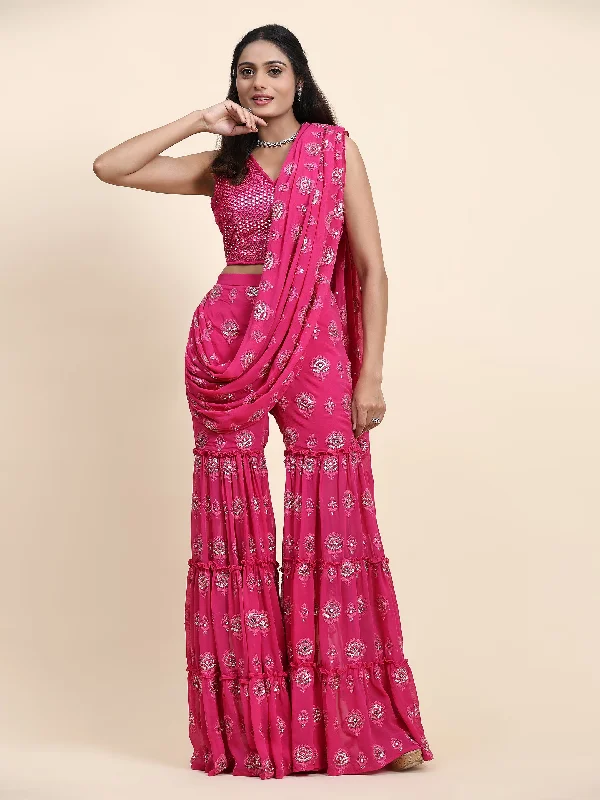 Pink And Silver Sharaha With Attached Duppatta And Crop Top - Rent Collared Crew Neck Turtle Neck