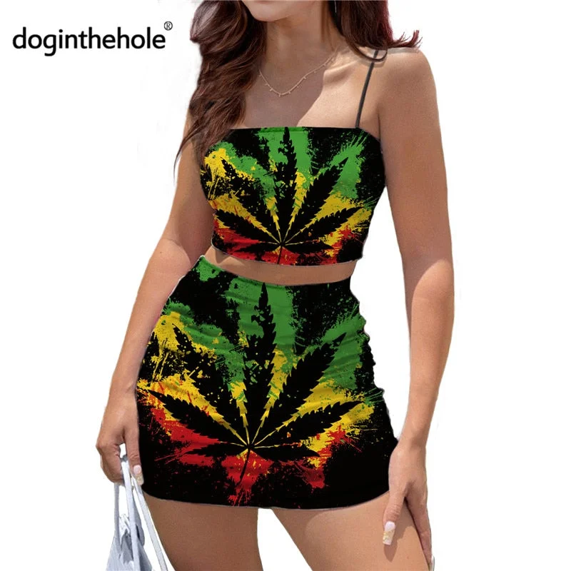 Women Sexy Bodycon 2 Piece Dress Sets Jamaica Leaf Printed New Trend Summer Reggae Style Crop Tops and Mini Skirt Outfits Solid Print Embellished