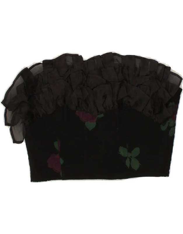 VINTAGE Womens Strapless Crop Top IT 44 Medium Black Floral Acetate Polka Dot Checkered Tartan