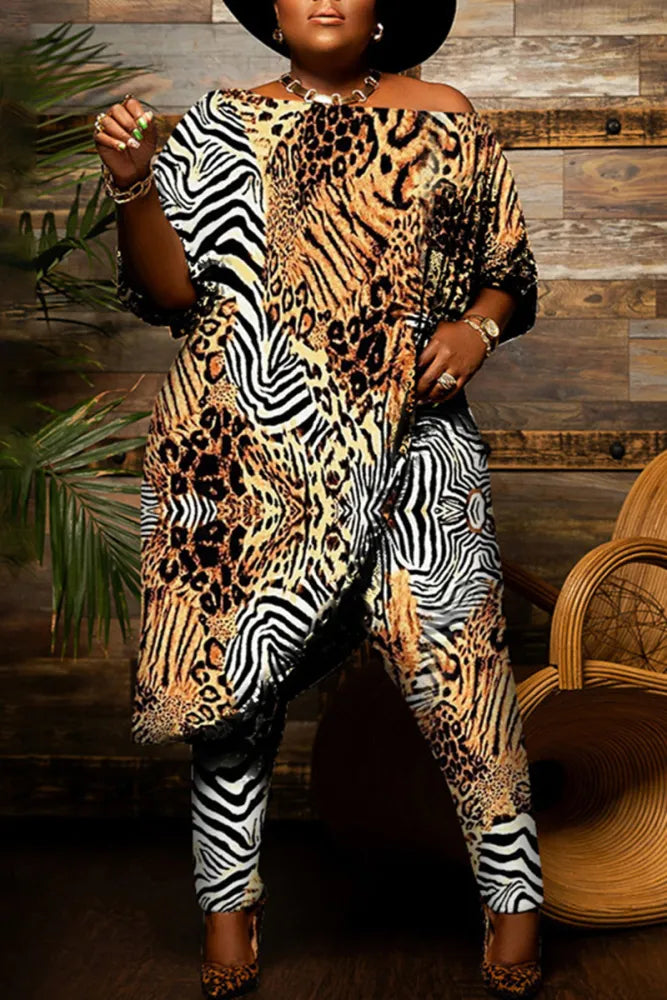 Beautiful Plus Multicolor Animal Print 2pc Tunic Top & Pant Set Soft Stretch Trousers