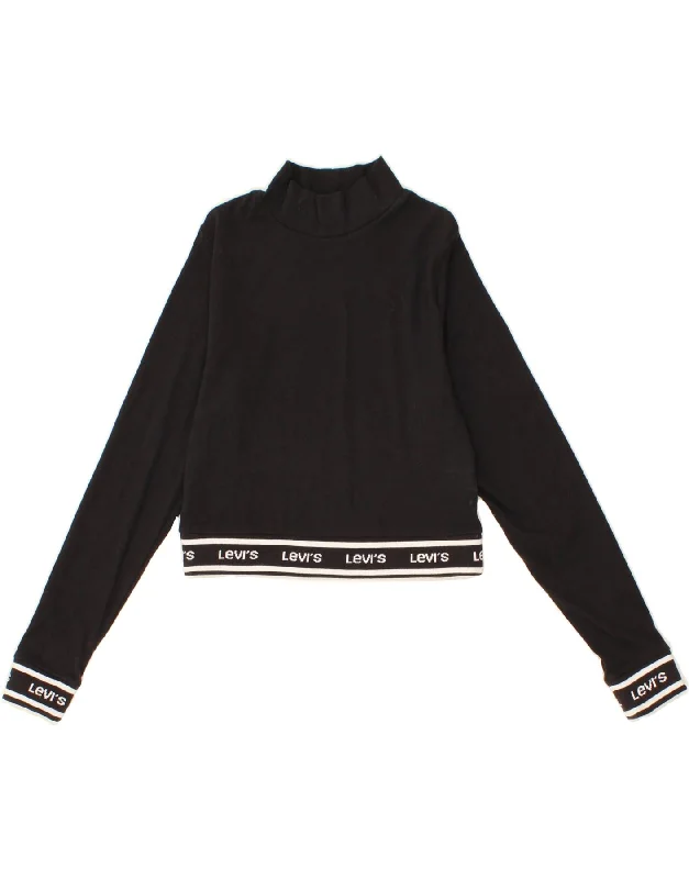 LEVI'S Womens Long Sleeve Crop Top UK 10 Medium Black Cotton Hooded Caped Shawl Collar