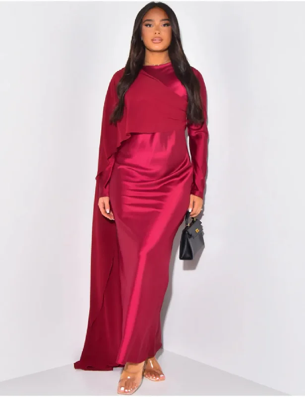 Red Christmas Party Dress - Elegant Solid Color Round Neck High Waist Swing Chiffon Maxi Beach