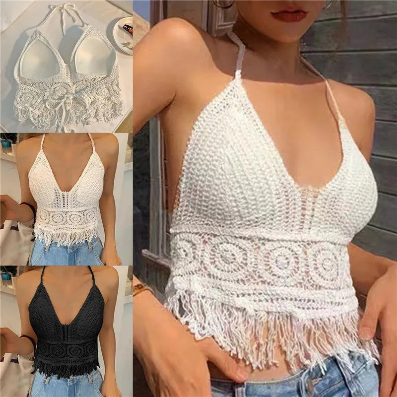 2024 Sexy Knit Backless Short Crop Top for Women Lightweight Hollow Out Crochet Tassels Hem Halter Bras Bustier with Chest Pads Real Fur Shearling Chenille