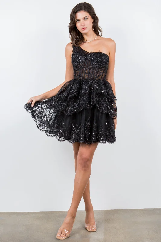 Lace One-Shoulder Tiered Skirt Cocktail Dress for Women, Sizes XS-3XL Tunics Polka dots