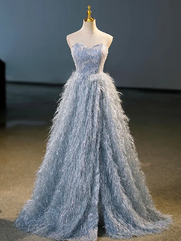 Blue A-Line Strapless Floor Length Prom Dress, Blue Evening Party Dress Tunics Recommended stylist