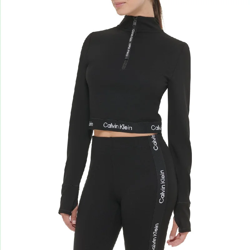 Calvin Klein Performance Womens Mock Neck Ponte Long Sleeve Fitted Crop Top Iron Safe Non-Iron Wrinkle Free