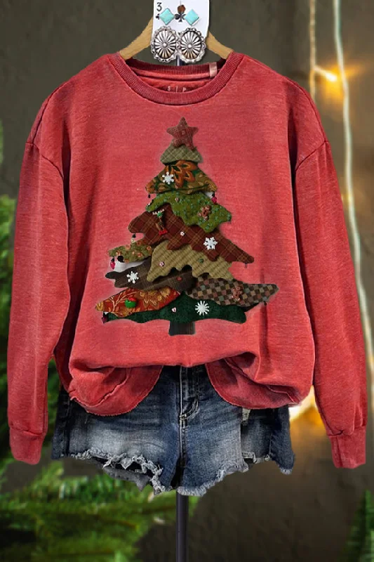 Classic Contrast Christmas Tree Sweatshirt Hoodie with Tied Waist Feminine Flattering