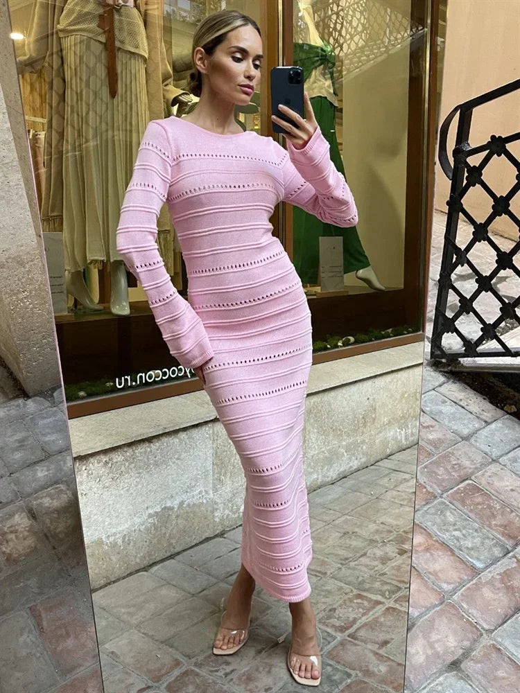 Yipinpay Hollow Out Bodycon Knit Dress Female Patchwork Solid High Waist Long Sleeve Fashion Knitwear Party Dress Gown Streetwear sweetheart Neckline Romantic
