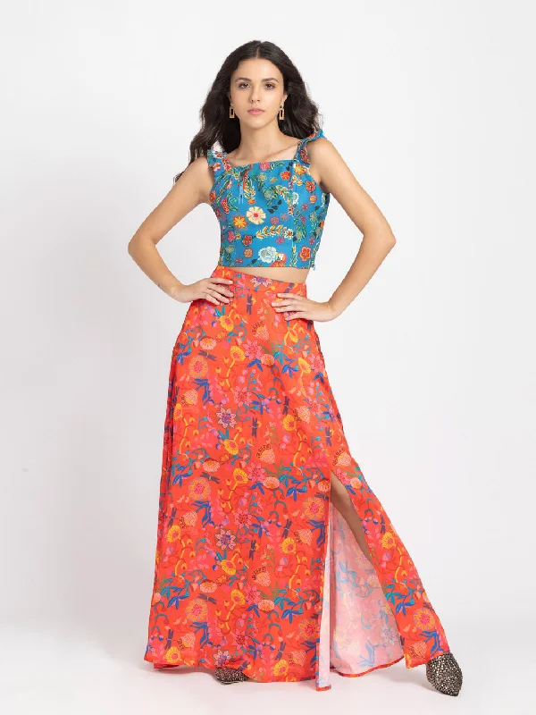 Floral Crop Top and Skirt Set Rayon Velvet Corduroy