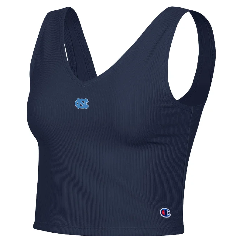 UNC Tar Heels Navy Blue Ribbed V-Neck Crop Top Mesh Blend Leather Blend Suede Blend