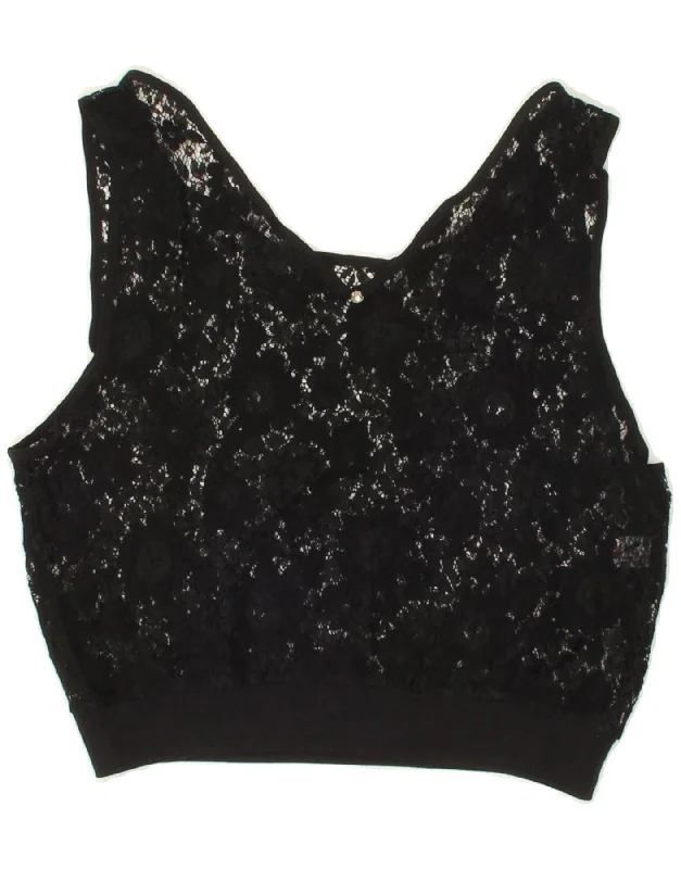 VINTAGE Womens See Through Lace Crop Top UK 8 Small Black Floral Ribbed Crop Top High Neck Heavyweight
