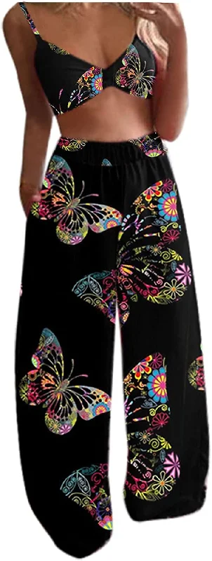 Bohemian 2 Piece Butterfly Bandeau Top & Pant Set Relaxed Lounge Trousers
