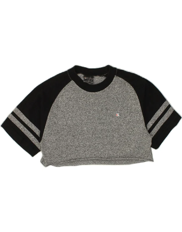 CHAMPION Womens Crop Top UK 10 Small Grey Colourblock Cotton Print Jacquard Patchwork