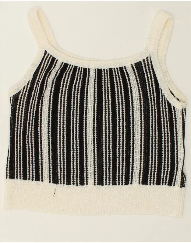 VINTAGE Womens Knit Crop Top IT 42 Medium Black Striped Print Jacquard Patchwork