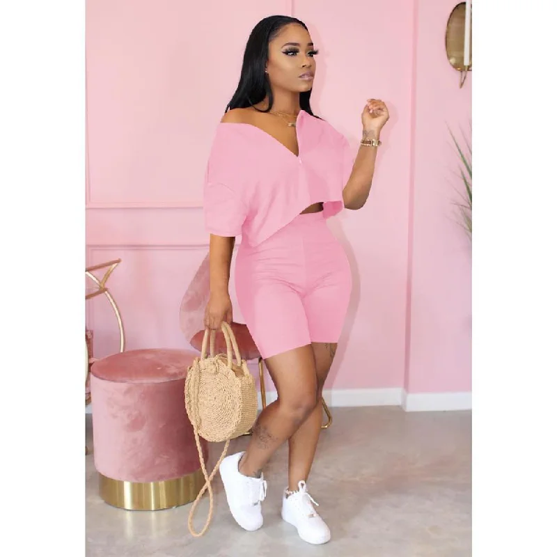 Casual Tracksuit 2 piece set  Crop Top + Pants  Short Sleeve Deep V-neck Summer Cloth For Women Outfits Solid 7 Color Lace Blend Ribbed Blend Corduroy Blend