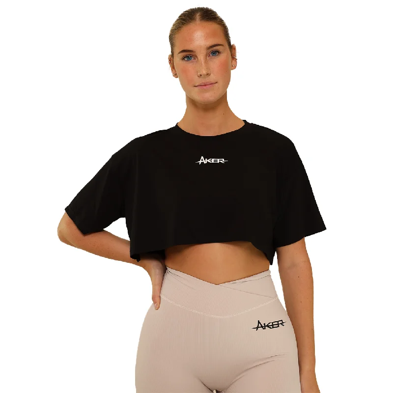 Oversized Sports Crop top - Black Spandex Blend Rayon Blend Denim Blend