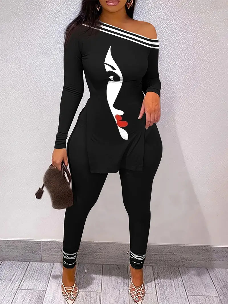 Sexy Black White Red Portrait Off The Shoulder 2pc Tunic Top & Pant Set Elegant Dress Pants
