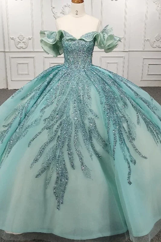 Stylish Off-the-shoulder Party Dresses Crystal Beading Ball Gown Glittery Long Formal