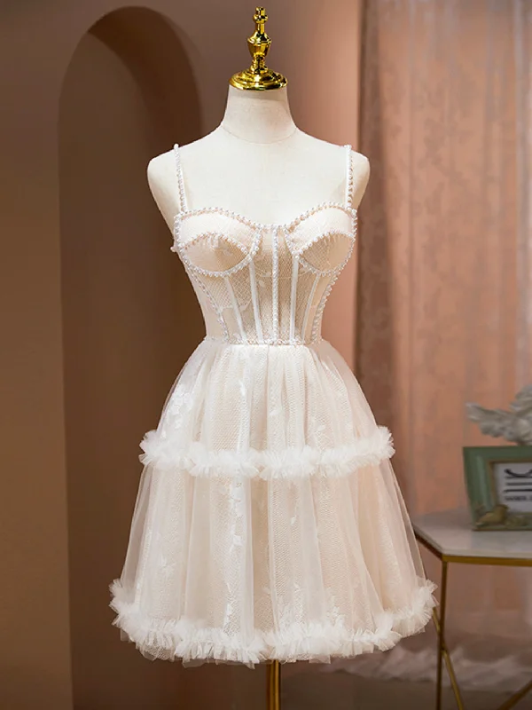 Champagne Spaghetti Strap Party Dress, Cute A-Line Evening Dress with Pearls Tunics Fall fleece