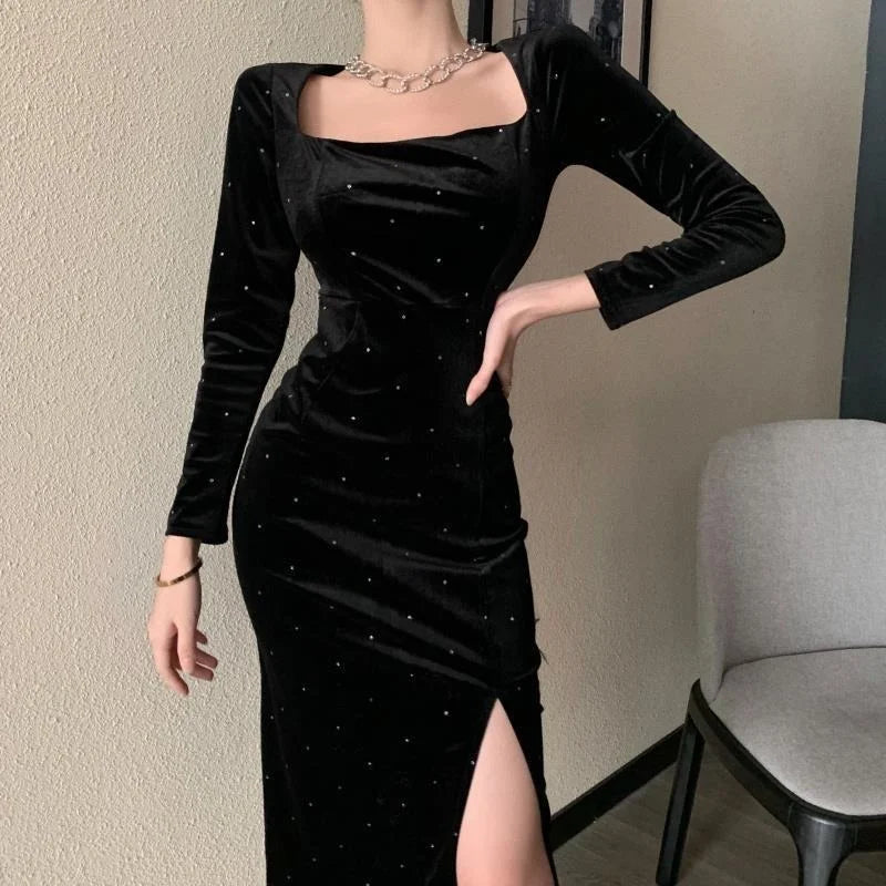 Yipinpay Velvet Long Dress Women Elegant Vintage Square Collar Long Sleeve Dress Korean Sexy Casual Evening Party Dress 2023 Autumn Tunics Chinos classic
