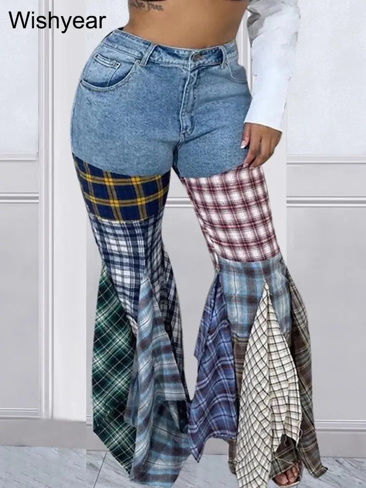 FZ Women's Plaid Patchwork Flare Mid Waist Boot Cut Denim Pants Modern Skinny Pants