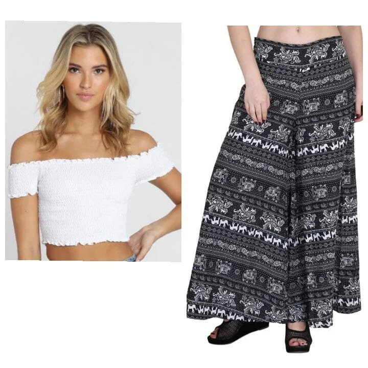 Palazzo & Crop Top White Colour Crepe Palazzo with inner lined & Tube Smoking Top Print Jacquard Patchwork