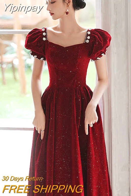 Yipinpay Long Formal Dress Women Chic Sequin Design Puff Sleeve New In Dress Summer Casual Fairycore Wedding Evening Party Dress Tunics Denim casual