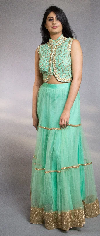 Mint Green Embroidered Net Crop Top With Net Lehenga Skirt - Rent Fleece Fabric Down Fabric Feather Fabric