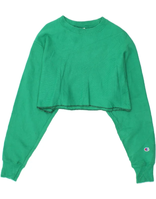 CHAMPION Womens Oversized Crop Top Long Sleeve UK 12 Medium Green Silk Blend Satin Velvet