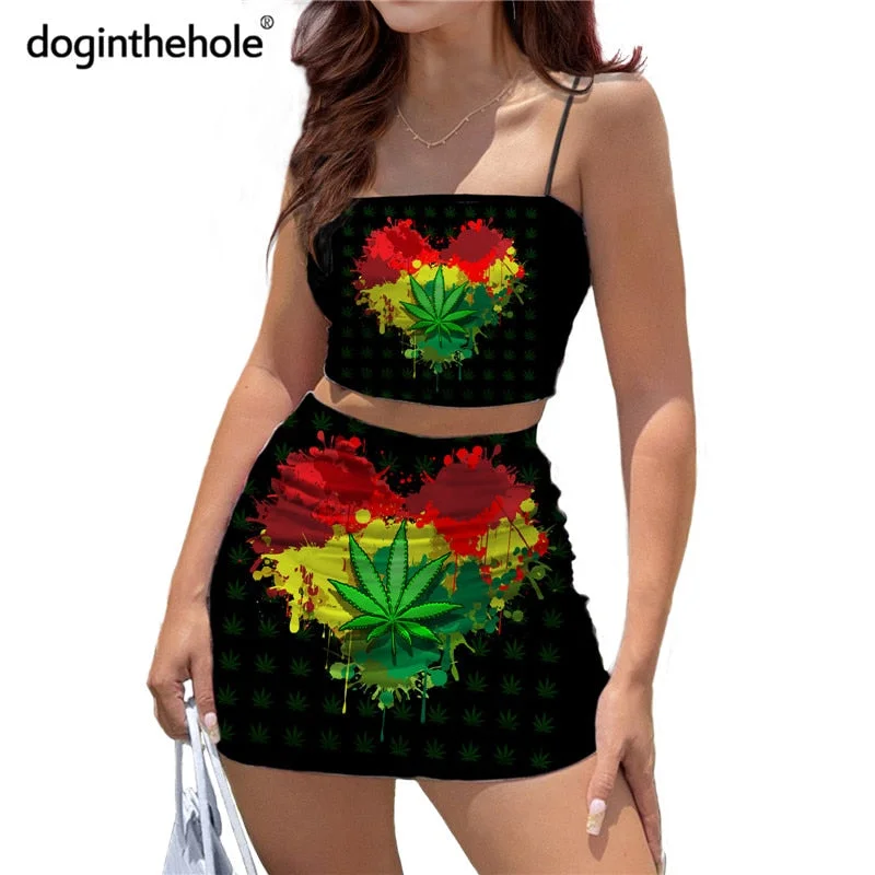 Doginthehole Jamaica Weed Leaf Design Women's Sexy Dress Suits 2021 New Fashion Reggae Print Crop Tops and Mini Skirt Outfits Embroidered Appliqued Beaded