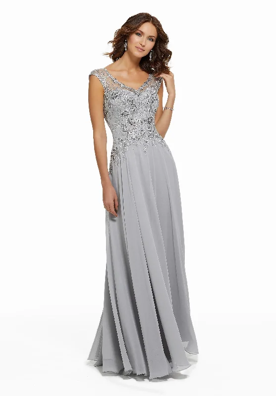 MGNY By Mori Lee - 72021SC Beaded Lace V-neck Chiffon Evening Dress Tunics Silk luxurious
