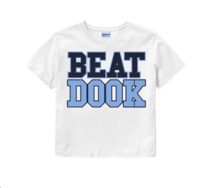 Beat Dook Crop Top in White with Carolina Blue Letters Boxy Fit Fitted Loose