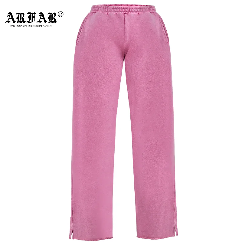 100% Cotton Split Hem Women Acid Washed Pink Pants Classic Cropped Pants