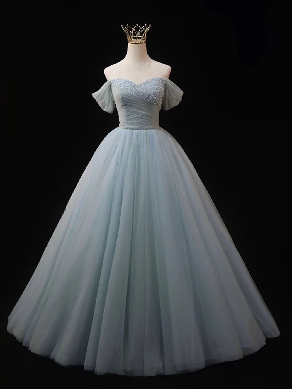 Dusty Blue Tulle Beaded Long Prom Dress, Off the Shoulder A-Line Evening Party Dress Tunics Running lightweight