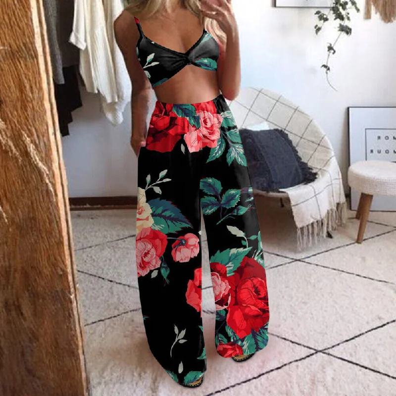 Sexy Boho Black & Red 2 Piece Floral Top & Pant Set Classic Flared Pants