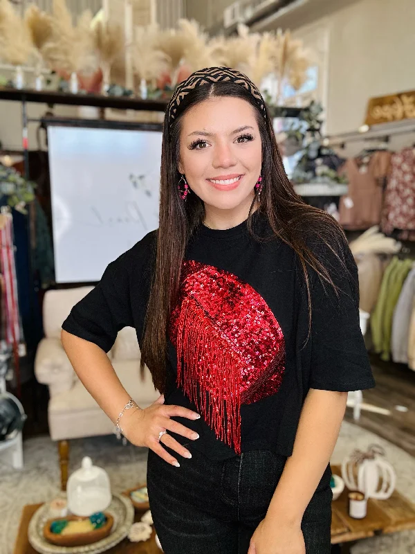 FRINGE EMBELLISHED FOOTBALL CROP TOP (Black & Red) Ribbed Crop Top High Neck Heavyweight