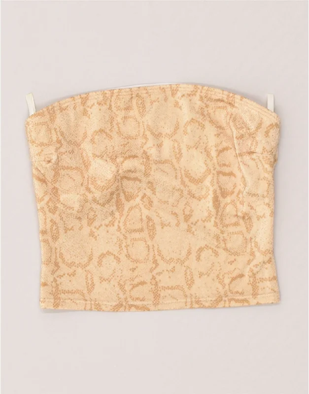 VINTAGE Womens Crop Top UK 12 Medium Beige Animal Print Polyamide Wool Fabric Cashmere Fabric Tweed Fabric