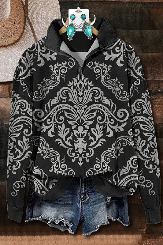 Retro Floral Print Zipper Sweatshirt Hoodie with Hem Patch Decorative Personalized