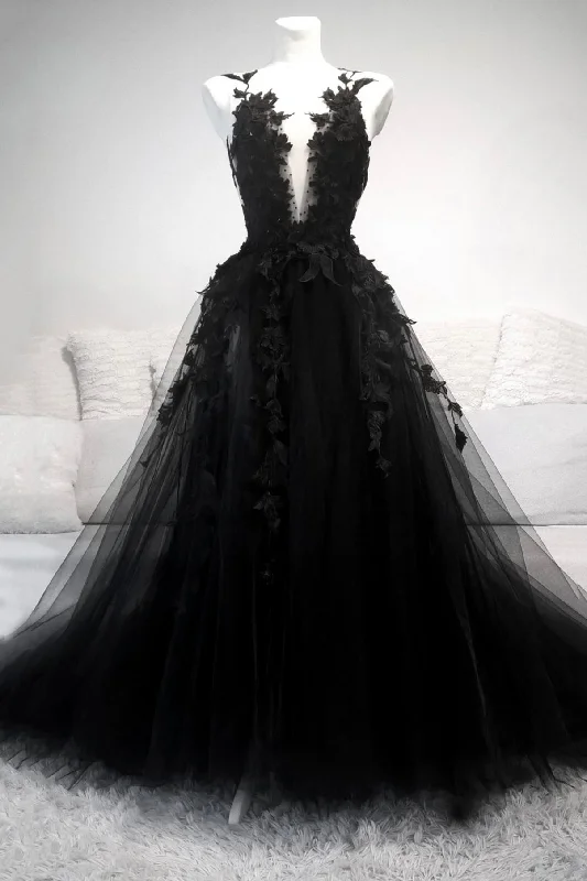 Black Tulle Long Prom Dresses, A-Line Lace Evening Party Dresses Tunics Cozy comfortable