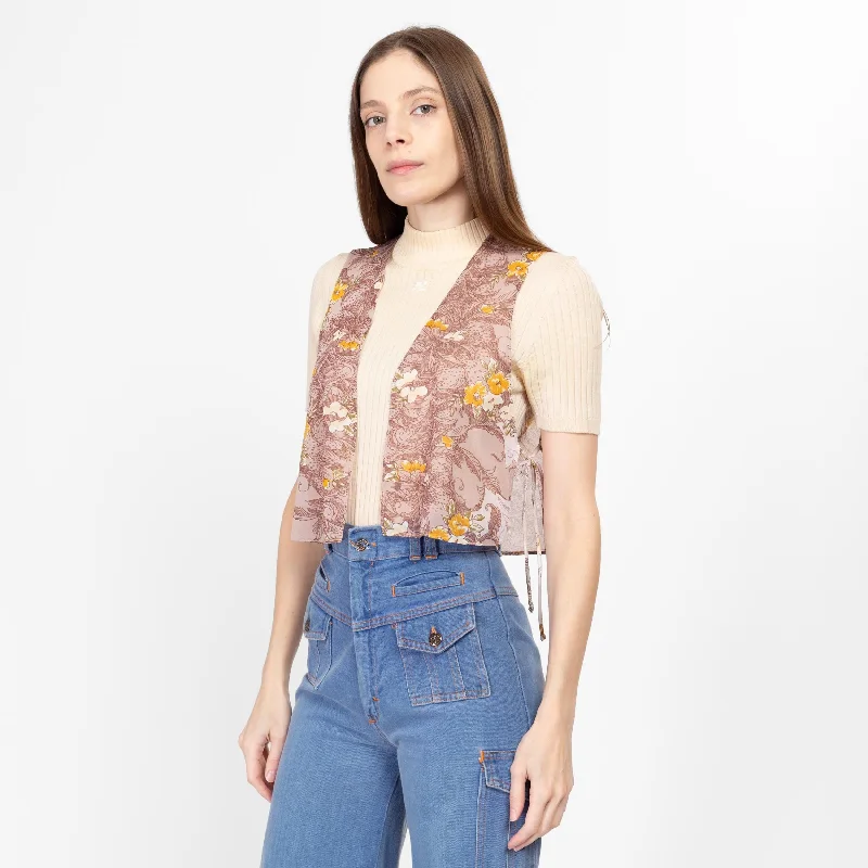 Sm-Med 70s Sheer Mauve Floral Crop Top Satin Blend Silk Blend Wool Blend