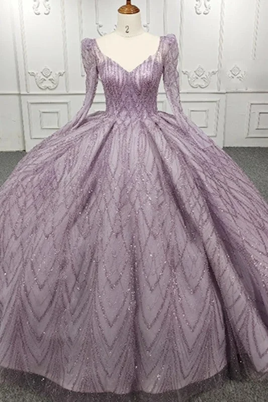 Elegant Simple Long Sleeves Evening Party Dress Beading Ball Gown High-Low Hemline Casual