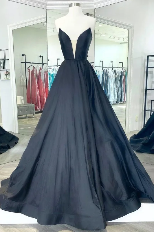 Black Satin Long A-Line Prom Dress, Black Evening Party Dress Lace Sexy Club