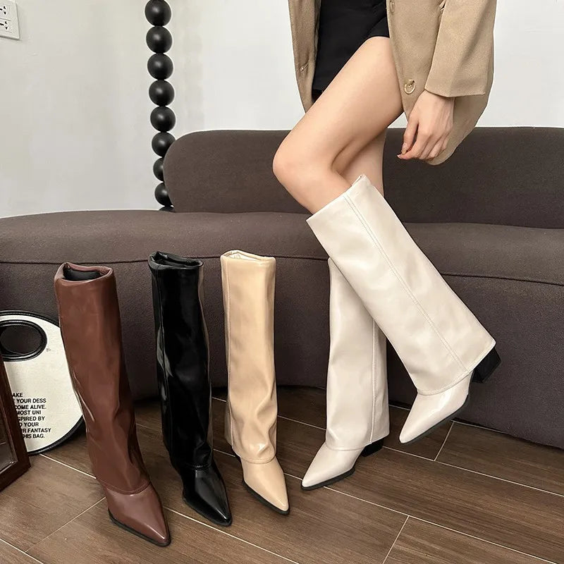 Sohiwoo Women Chunky High Boots Pointed Toe Shoes Sexy Lady Dress Gladiator Autumn New 2024 Trend Retro Fad Woman Boots Goth Botas Mujer Elegant Long Evening