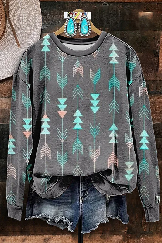 Retro Western Aztec Print Sweatshirt Hoodie with Contrast Stitching Detailed Premium