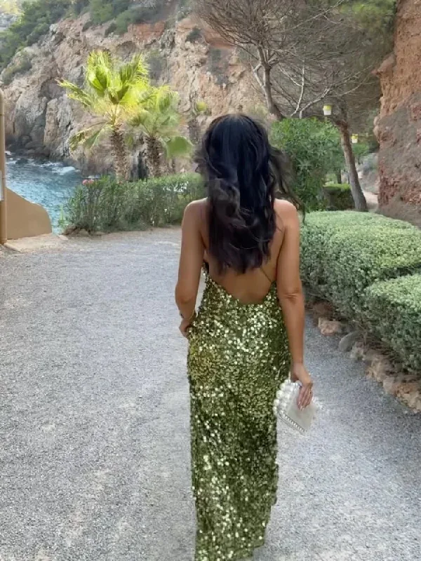 Green Sequin Backless Sling Dress - Sexy Off Shoulder Christmas Party Dress Chiffon Maxi Beach