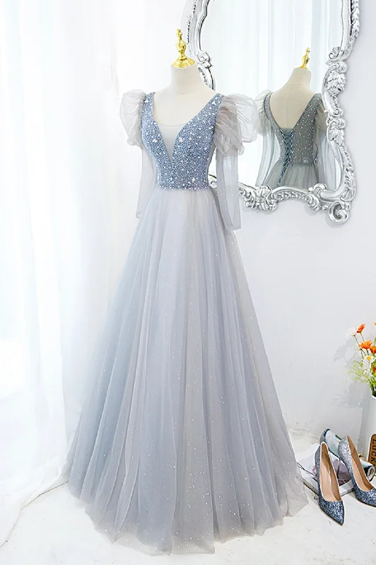 Cute V-Neck Tulle Beaded Long Prom Dress, Gray A-Line Evening Party Dress Tunics Business professional