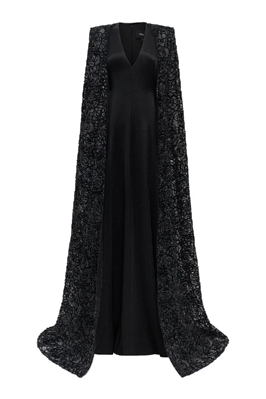 STYLIZED NECKLINE WAVY FLOWING CAPE SLEEVES DRESS Tunics Floral girly