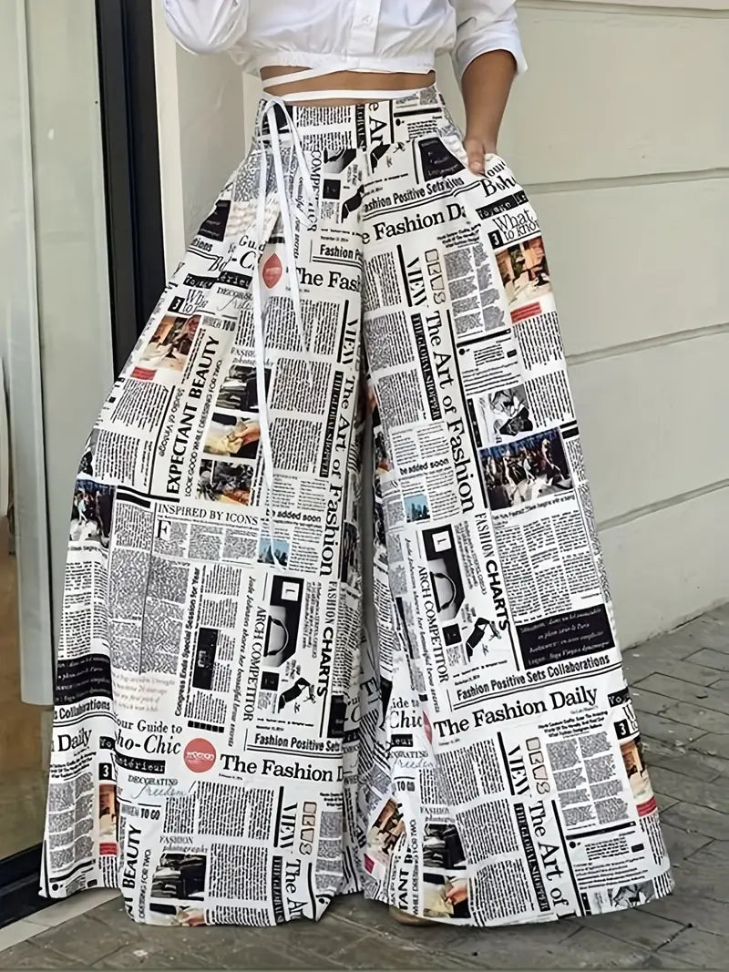 Trendy Flowy Wide Leg Newspaper Print Pants Slim-Fit Khaki Pants